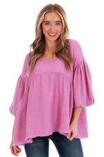 Pink Hydrangea Ruffle Sleeves 100% Cotton Womens Blouse