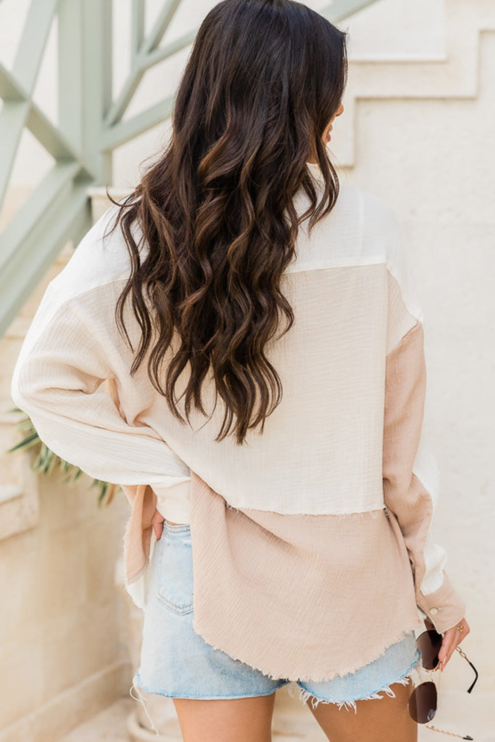 Grapefruit Orange Color Block Buttoned Raw Hem Textured Shirt