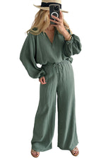 Green Crinkle Split Neck Top Loose Drawstring Pants Set