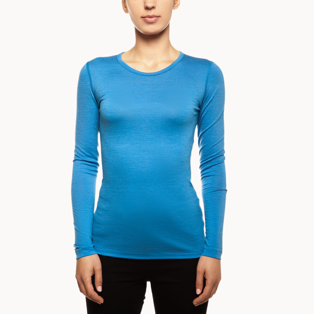 MENIQUE Long Sleeve Crew 100% Merino Wool Womens Shirt Light Blue