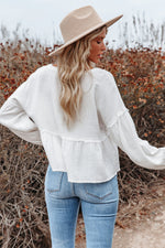 White Retro Stitching Long Sleeve Peplum Blouse