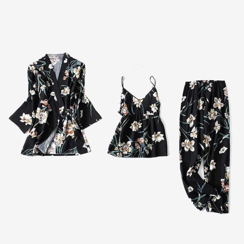Midnight Floral Kimono Tank & Pants 3Pcs Viscose Womens Pajama Set