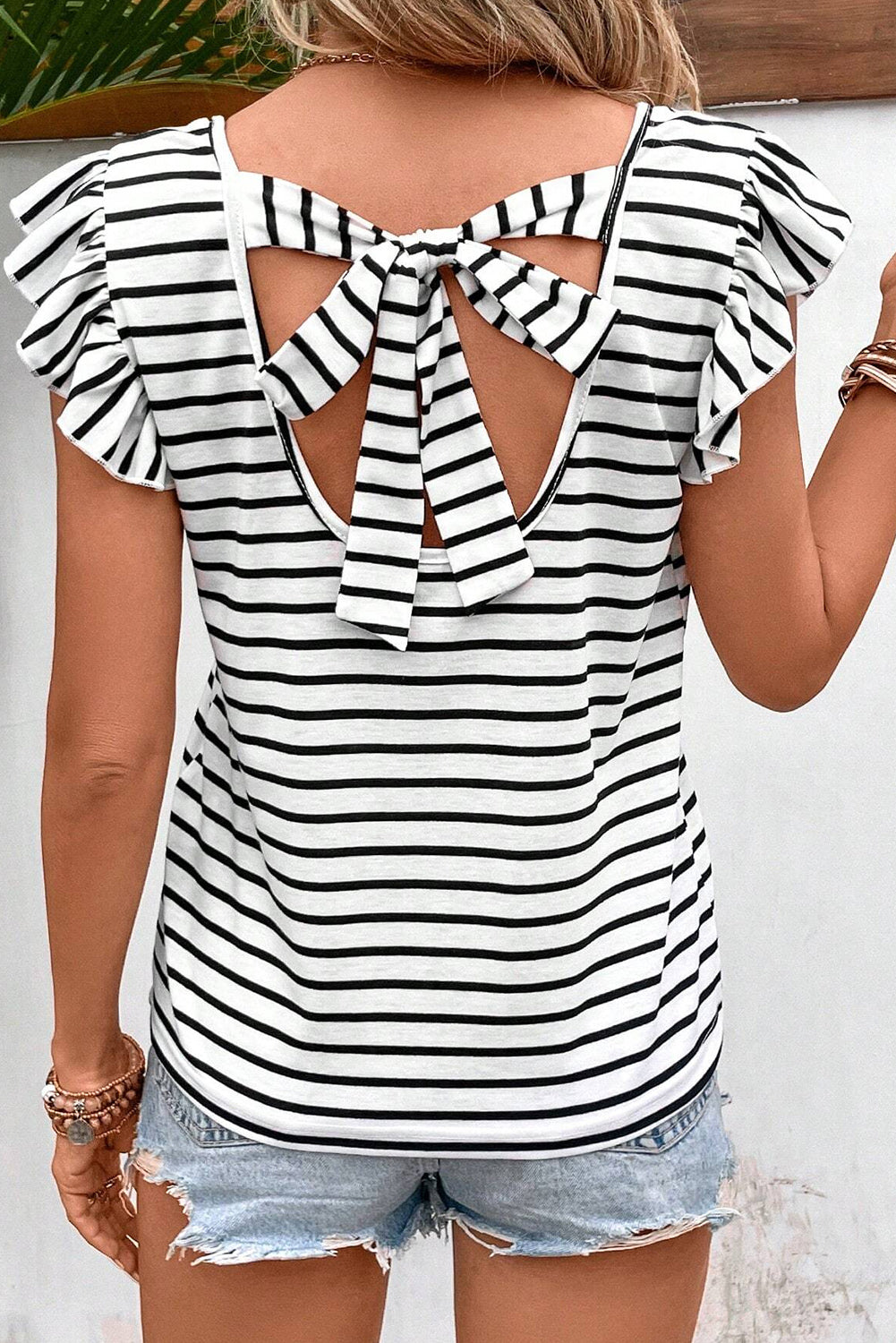 Butterfly Sleeves Stripes V-Neck Cotton Womens Shirt