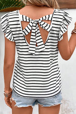 Butterfly Sleeves Stripes V-Neck Cotton Womens Shirt