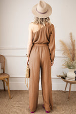 Khaki Crinkled Texture One-shoulder Loose Jumpsuit