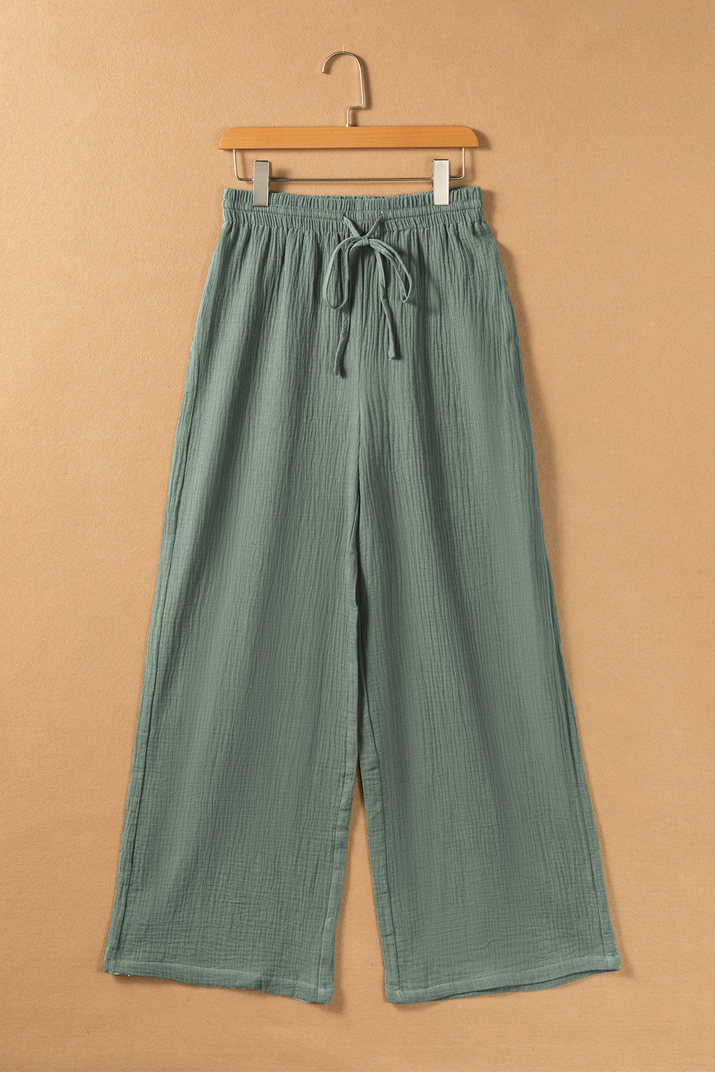 Green Crinkle Split Neck Top Loose Drawstring Pants Set