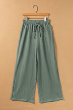 Green Crinkle Split Neck Top Loose Drawstring Pants Set