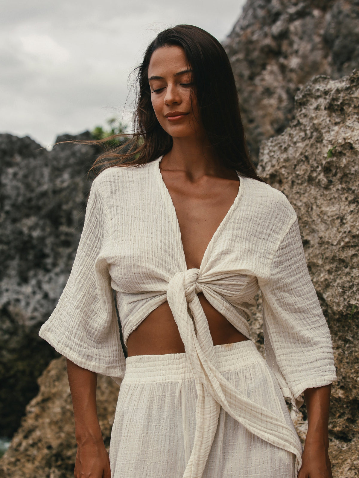 THE HAND LOOM Bali Wrap Top - Natural With Gold Stripes