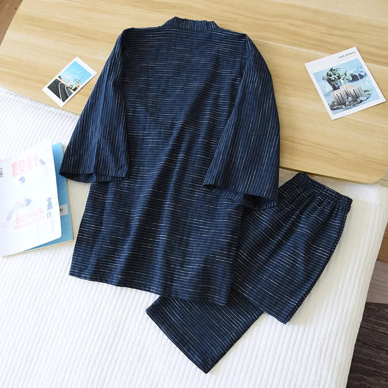 Blue Rivers Kimono Short Sleeves 100% Cotton Mens Pajama Set | Hypoallergenic - Allergy Friendly - Naturally Free