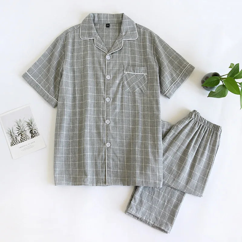 Calm Comfort Plaid Short Sleeves 100% Cotton Mens Pajama Set | Hypoallergenic - Allergy Friendly - Naturally Free