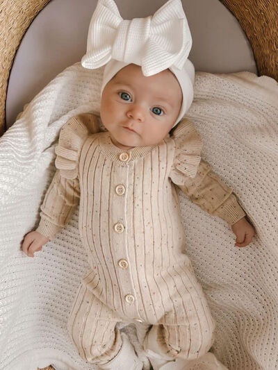 Cinnamon Latte Ruffled Button Up 100% Cotton Baby Girls Jumpsuit | Hypoallergenic - Allergy Friendly - Naturally Free