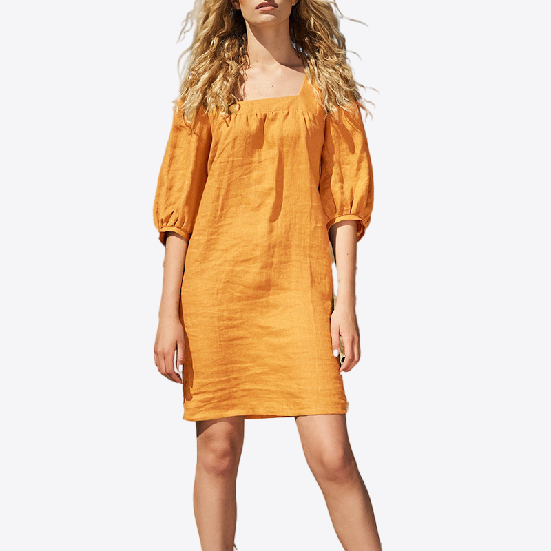 Citrus Grove Ruffled Long Sleeve 100% Linen Dress | Hypoallergenic - Allergy Friendly - Naturally Free