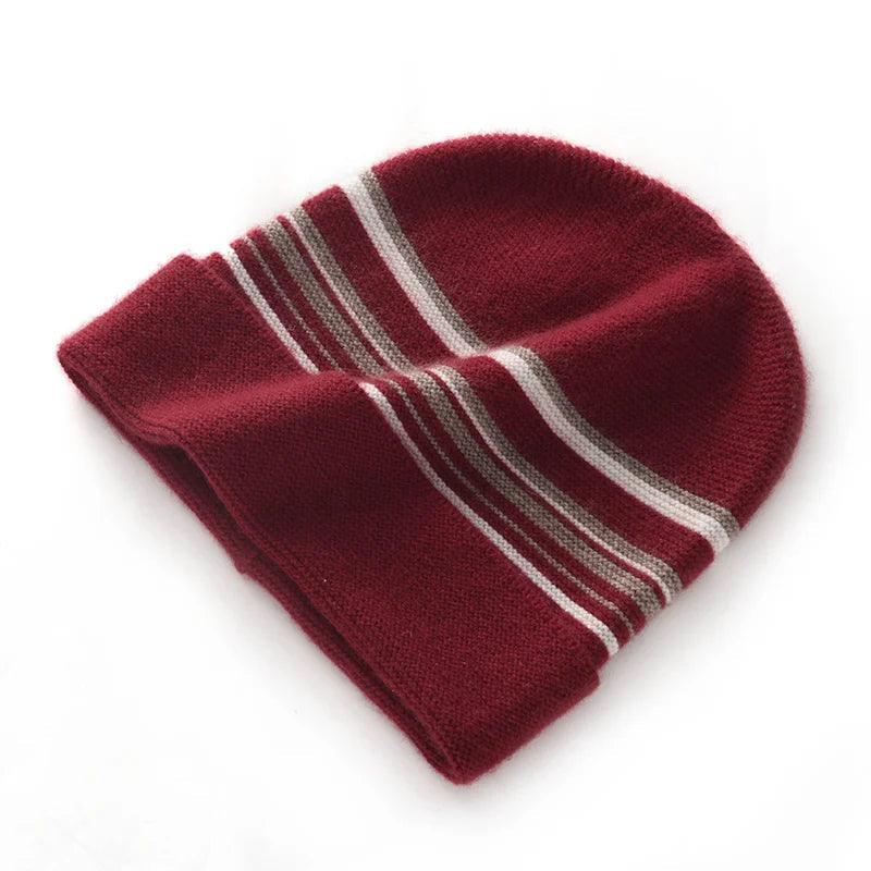 Crimson River Stripes Knit Cashmere Beanie Hat | Hypoallergenic - Allergy Friendly - Naturally Free