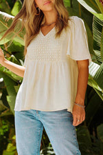 Daisy Dream V-Neck Crochet Puff Sleeve Viscose Linen Top | Hypoallergenic - Allergy Friendly - Naturally Free