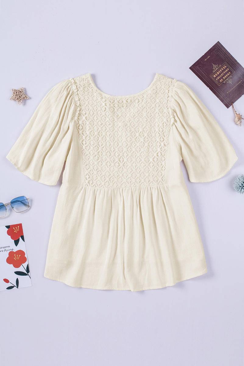 Daisy Dream V-Neck Crochet Puff Sleeve Viscose Linen Top | Hypoallergenic - Allergy Friendly - Naturally Free