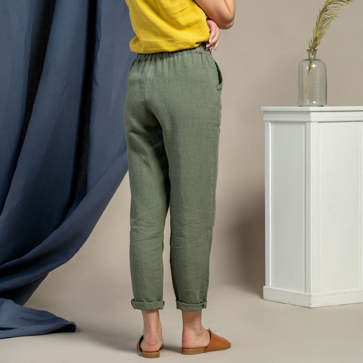 MENIQUE 100% Linen Pants Dakota Stone Green