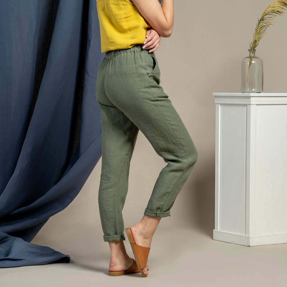 MENIQUE 100% Linen Pants Dakota Stone Green