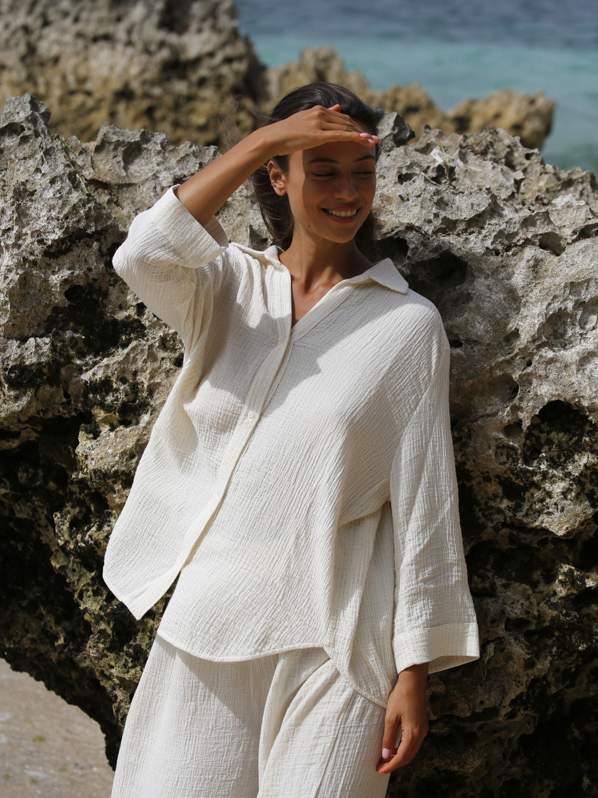 THE HAND LOOM Echo Maxi Shirt - Natural With Gold Stripes