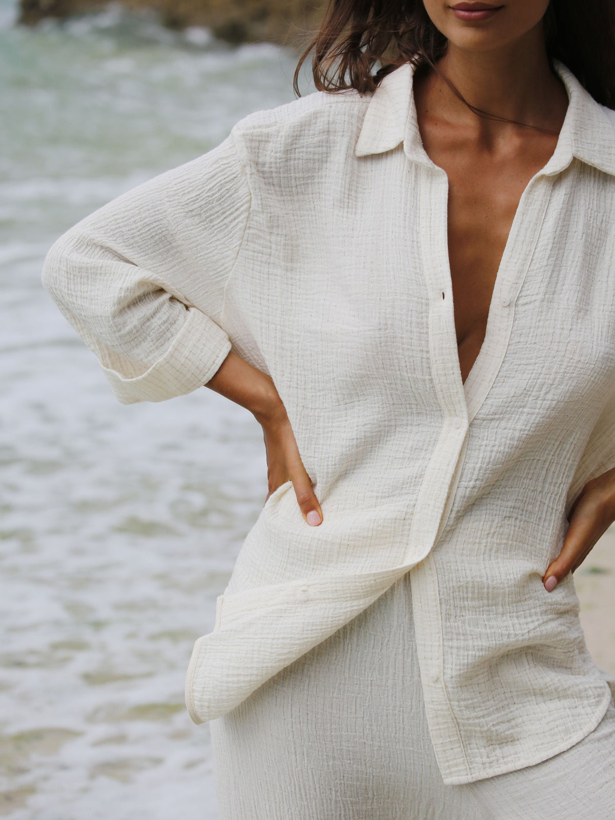 THE HAND LOOM Echo Maxi Shirt - Natural With Gold Stripes