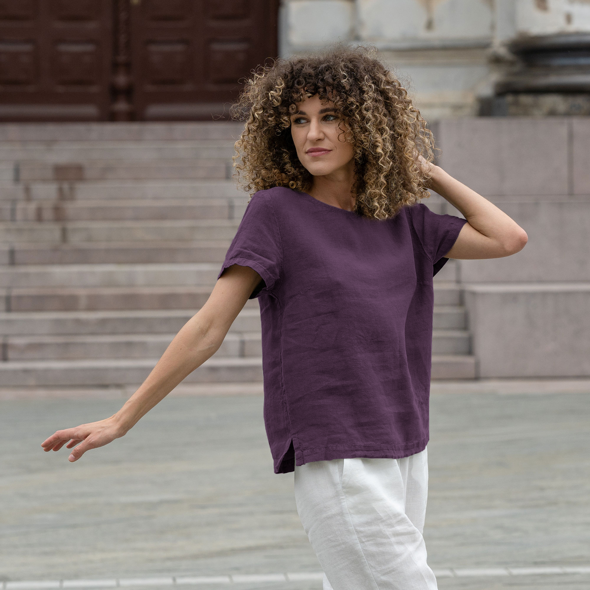 MENIQUE 100% Linen T-Shirt Top Emma Shadow Purple