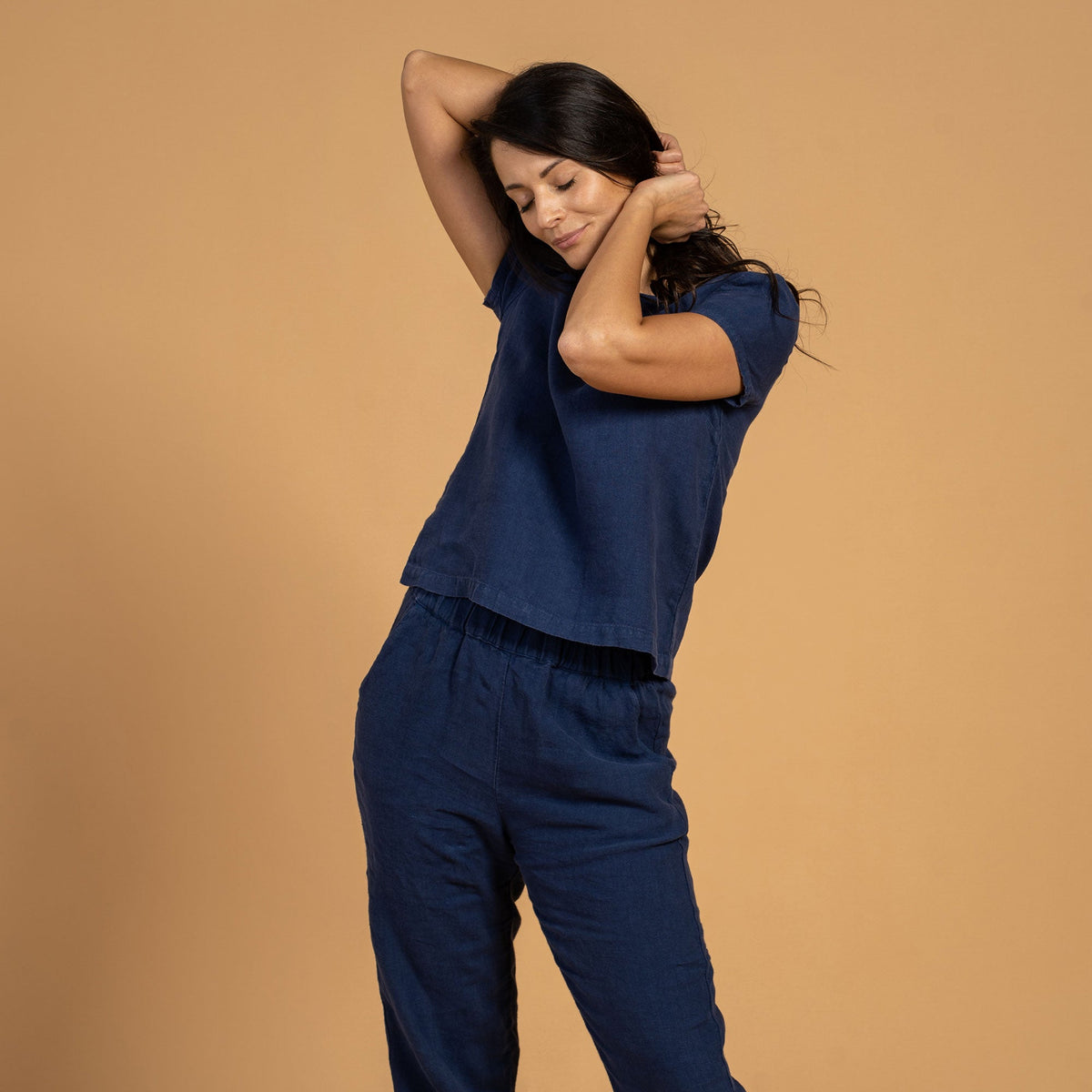 MENIQUE 100% Linen T-Shirt Top & Pants 2-Piece Storm Blue
