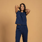 MENIQUE 100% Linen T-Shirt Top & Pants 2-Piece Storm Blue