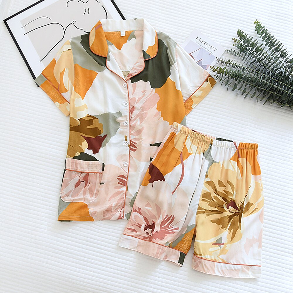 Floral Garden Shorts Lounge Viscose Pajamas Set | Hypoallergenic - Allergy Friendly - Naturally Free