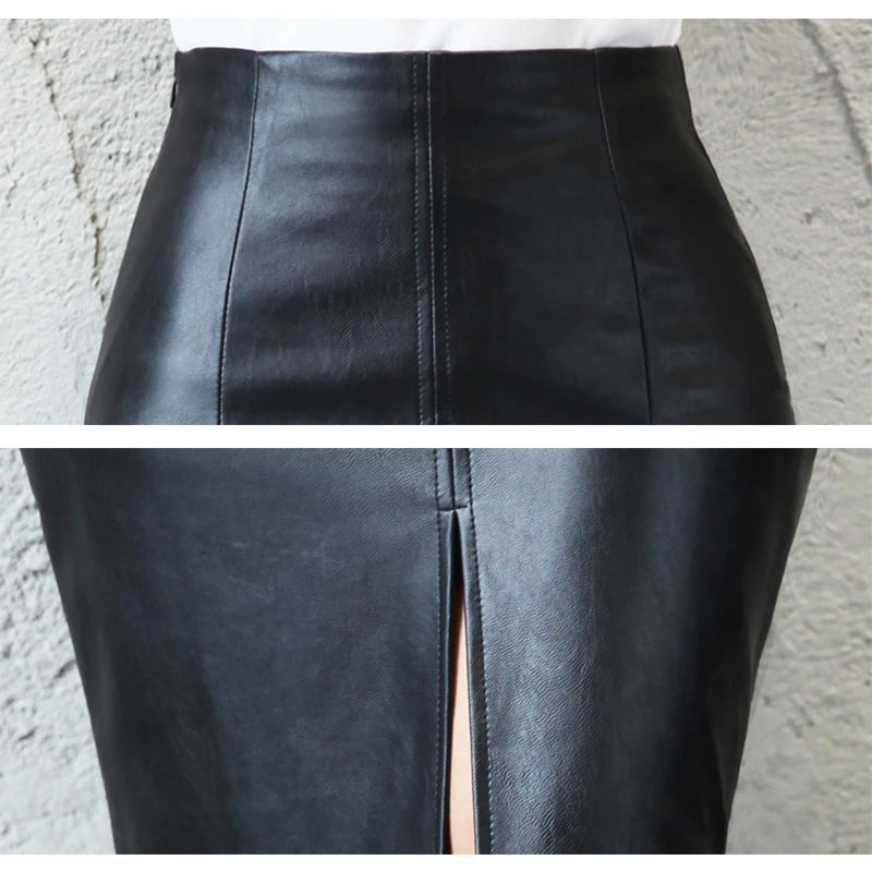 Midnight Noir Vegan Leather Womens Midi Skirt