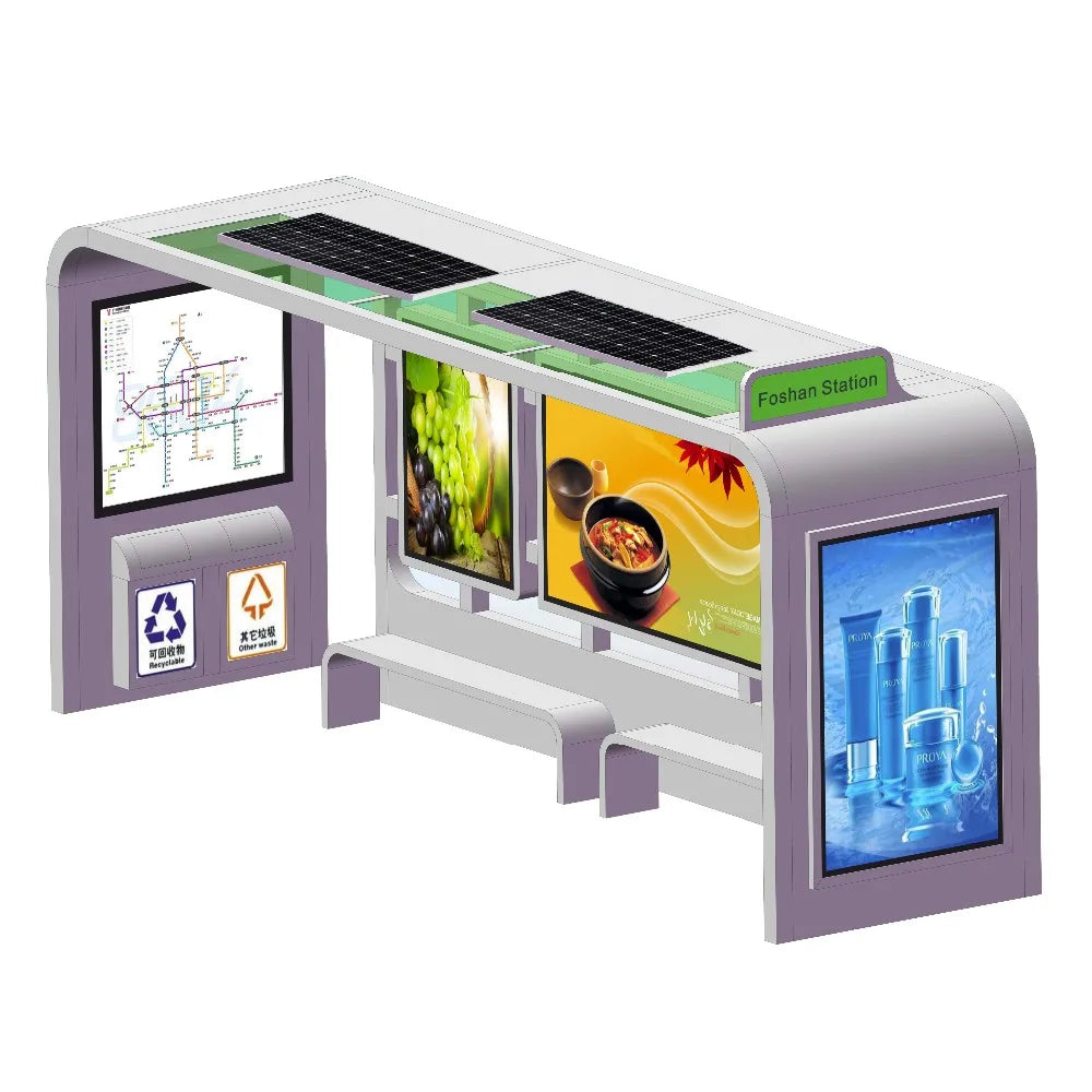 2Pcs Outdoor Solar Powered Bus Stop With Advertising Billboards