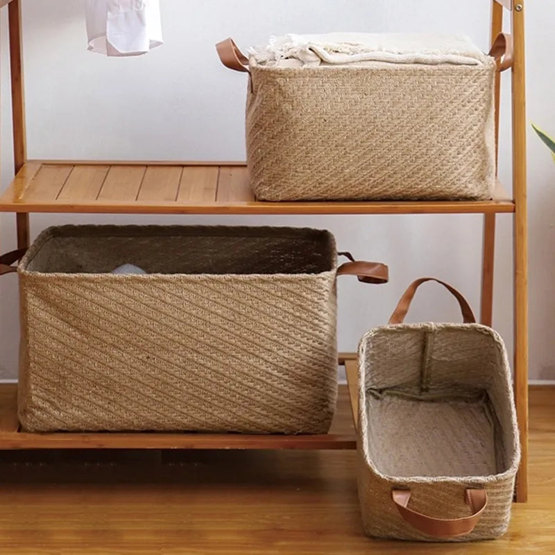 Large Storage Box Foldable Woven Storage Basket With Pu Handles Jute Organizer Box For Home Décor Sundries Closet Collation