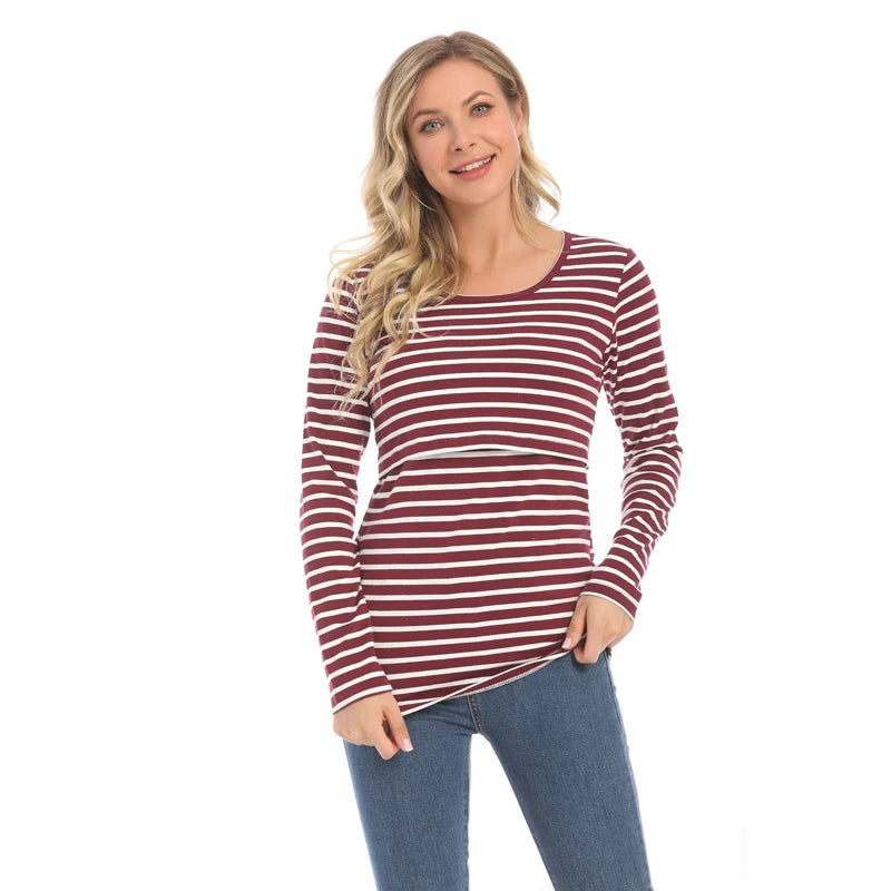 Striped Maternity T-shirts Long Sleeve Nursing Breastfeeding Clothes For Pregnant Women Cotton Postpartum Tees Free Shipping