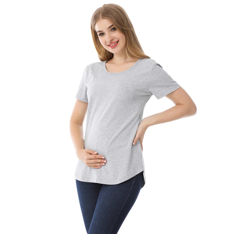 Emotion Moms New Women Maternel T-Shirt Short Sleeve Stretch Cotton Tops Zipper Breastfeeding Loose Pregnant Clothes Big Size