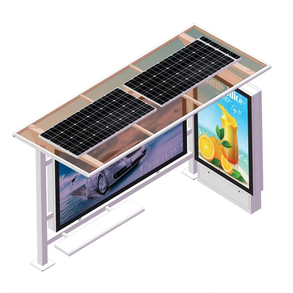 Smart city solar bus stop shelter with bench