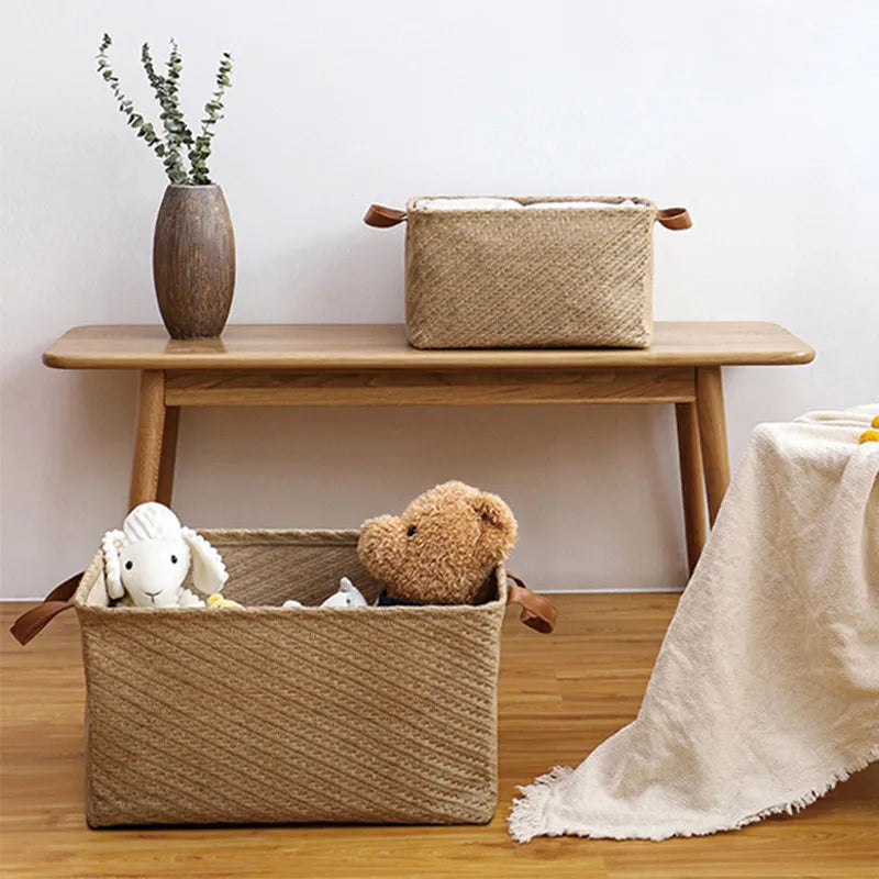Large Storage Box Foldable Woven Storage Basket With Pu Handles Jute Organizer Box For Home Décor Sundries Closet Collation