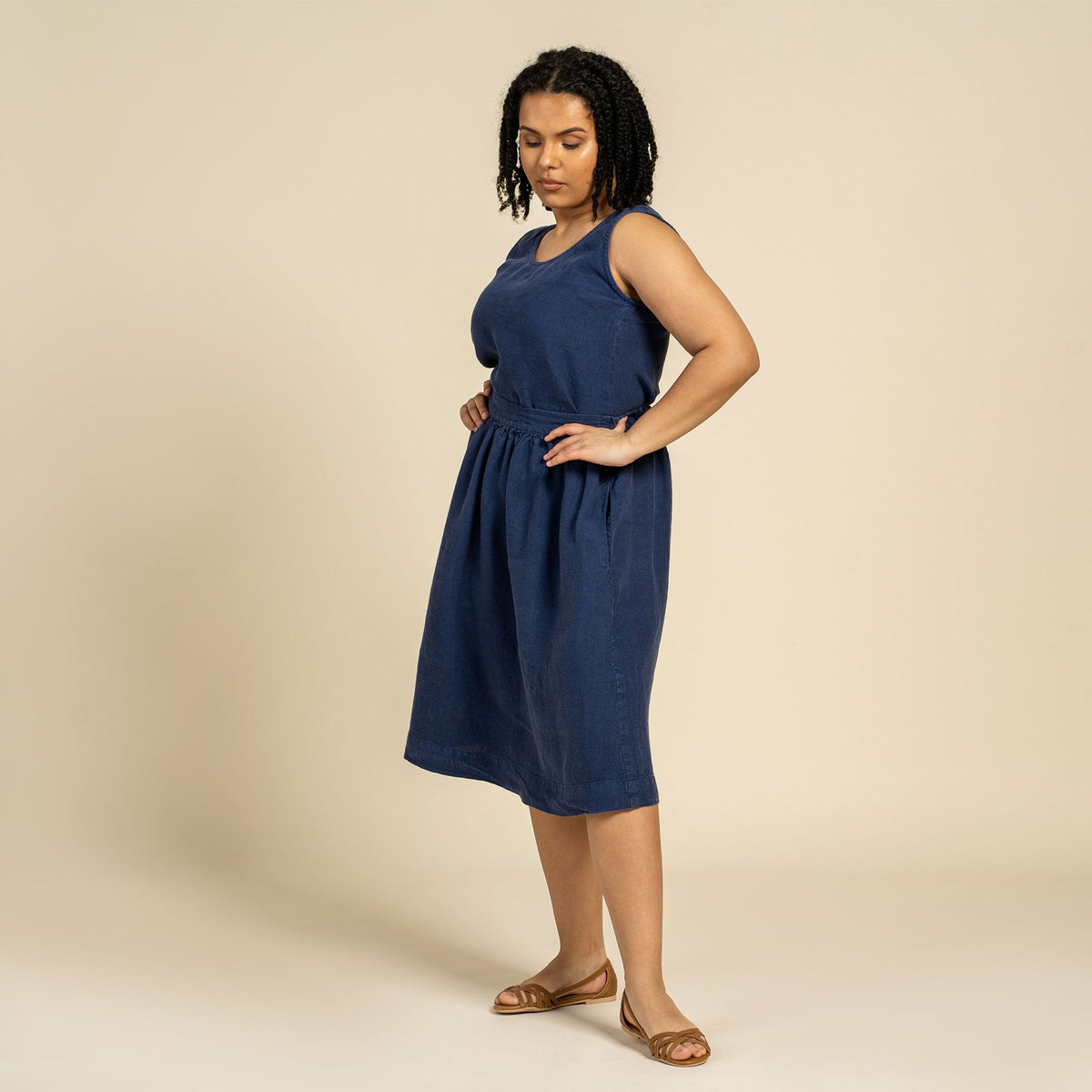 MENIQUE 100% Linen Tank Top & Midi Skirt 2-Piece Storm Blue