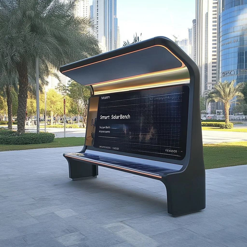 Smart Solar Bench for Outdoor Spaces with Solar Energy and Charging Capabilities