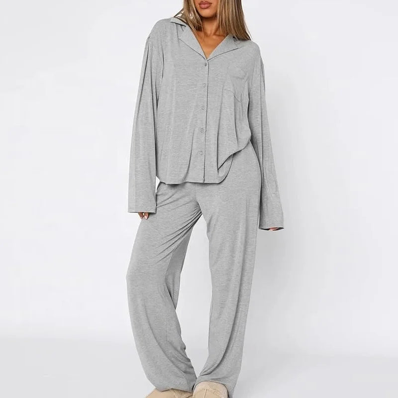 Rainy Coast 2Pcs V-Neck Long Sleeves Pants Viscose Womens Pajama Set