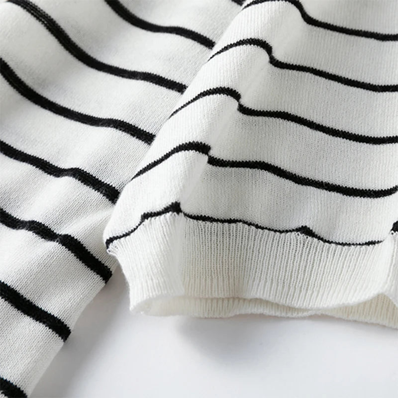 Icy Pathway Stripes Round Neck Mulberrry Silk Cotton Shirt | Hypoallergenic - Allergy Friendly - Naturally Free