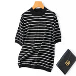 Icy Pathway Stripes Round Neck Mulberrry Silk Cotton Shirt | Hypoallergenic - Allergy Friendly - Naturally Free