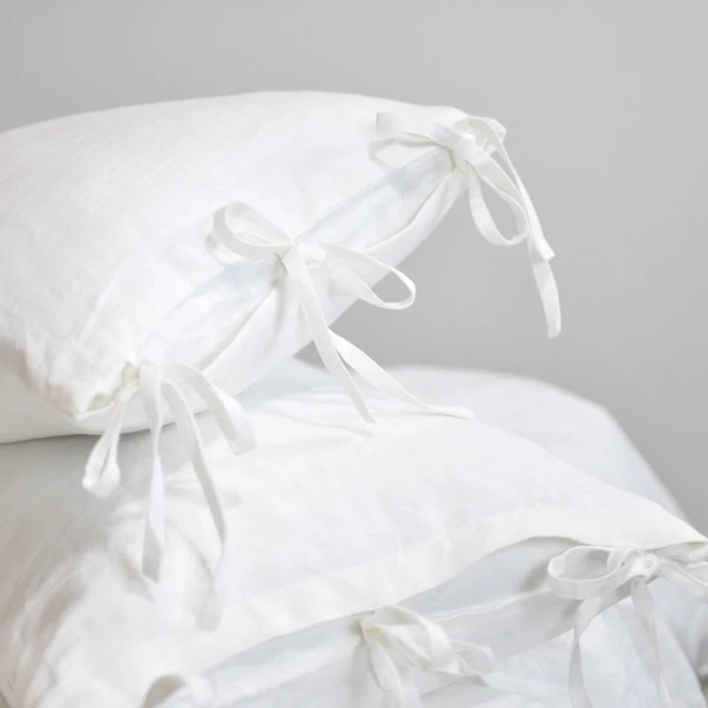Ivory Snow 2Pcs Ribbon 100% Linen Pillowcase | Hypoallergenic - Allergy Friendly - Naturally Free