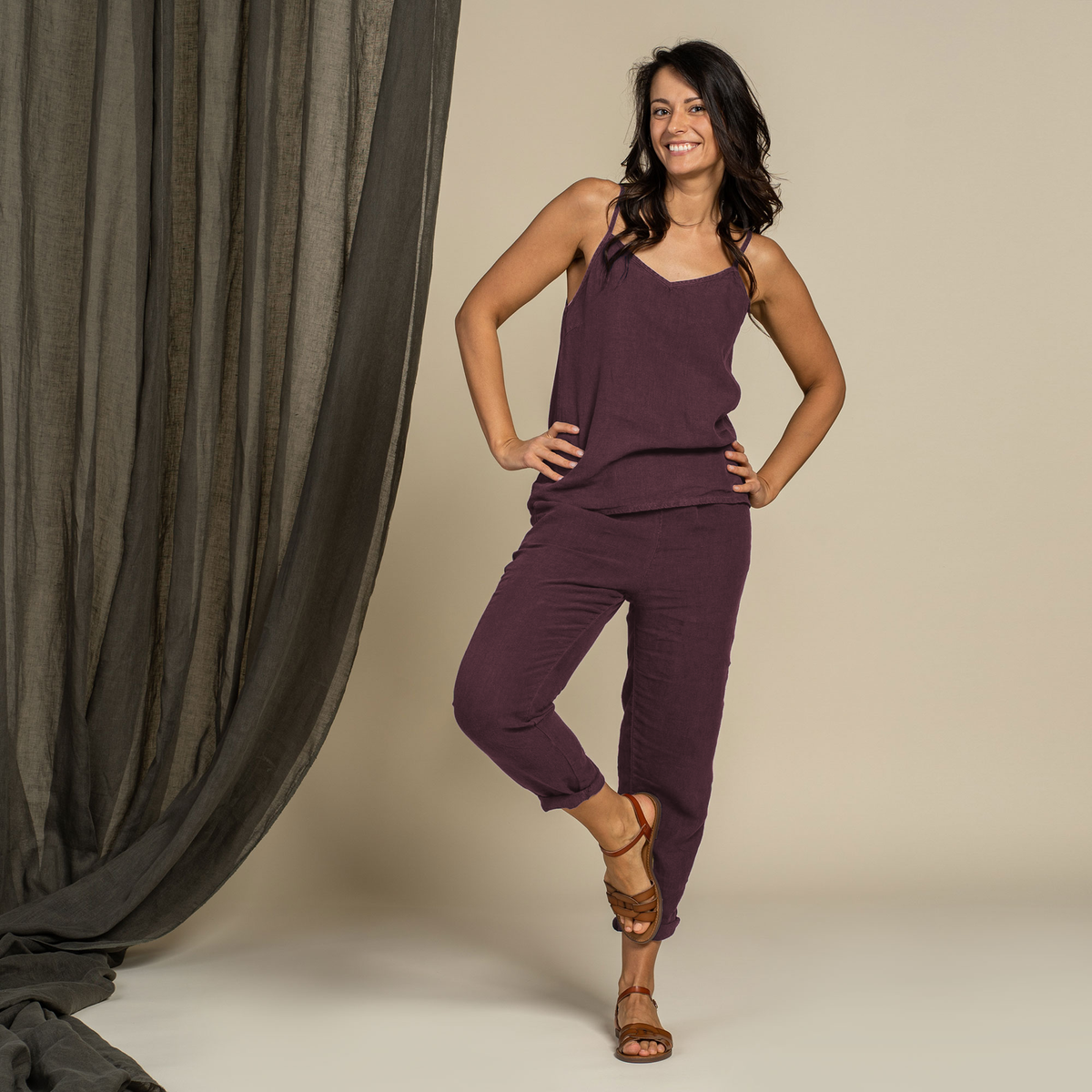 MENIQUE 100% Linen Womens Slip Top & Pants 2-Piece Shadow Purple