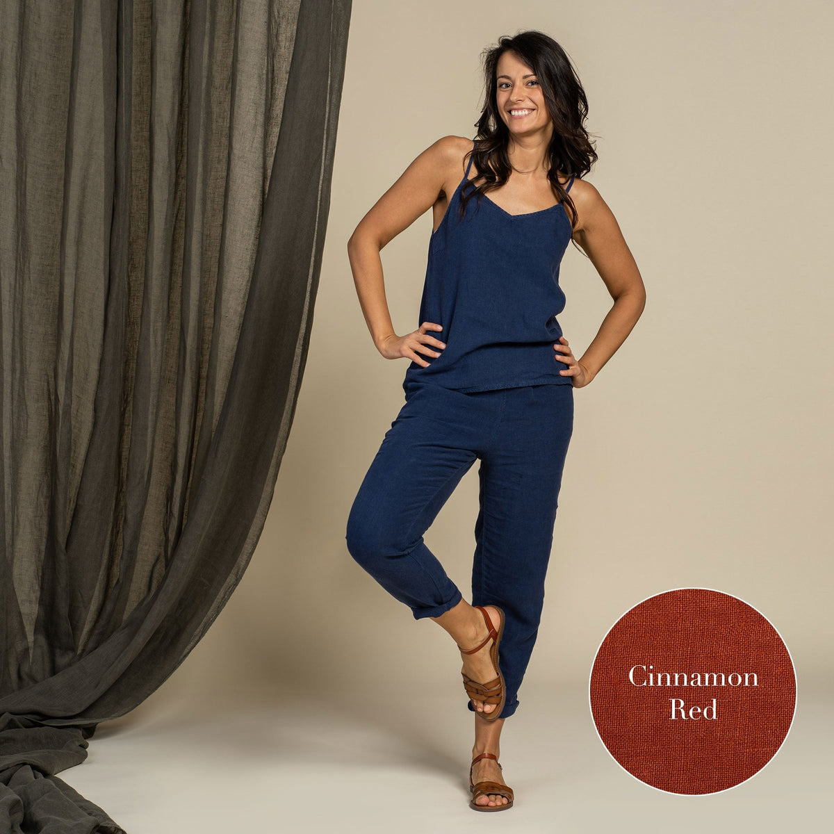 MENIQUE Linen Slip Top & Pants Set with V-Neckline and High-Rise Waist