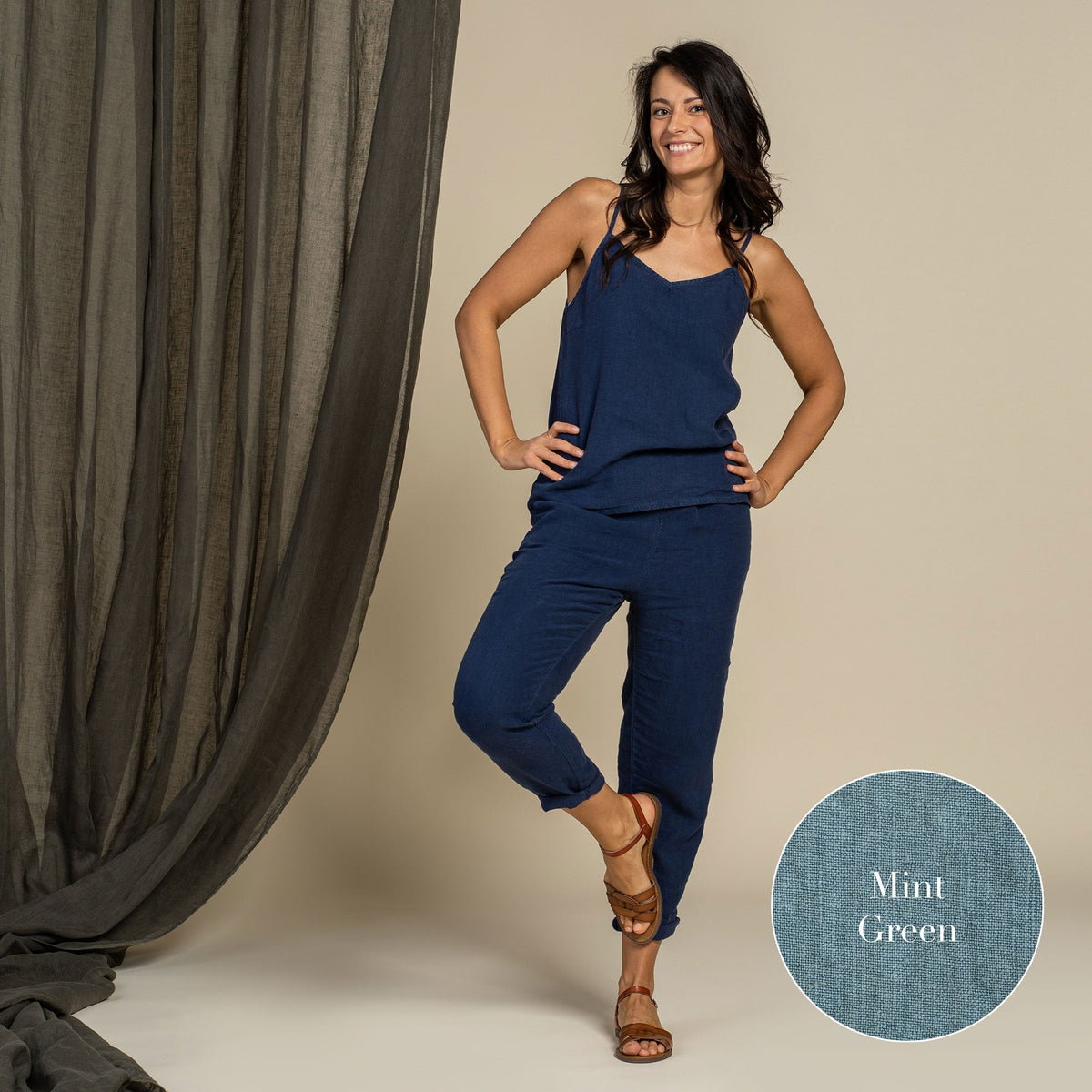 MENIQUE Linen Slip Top & Pants Set with V-Neckline and High-Rise Waist