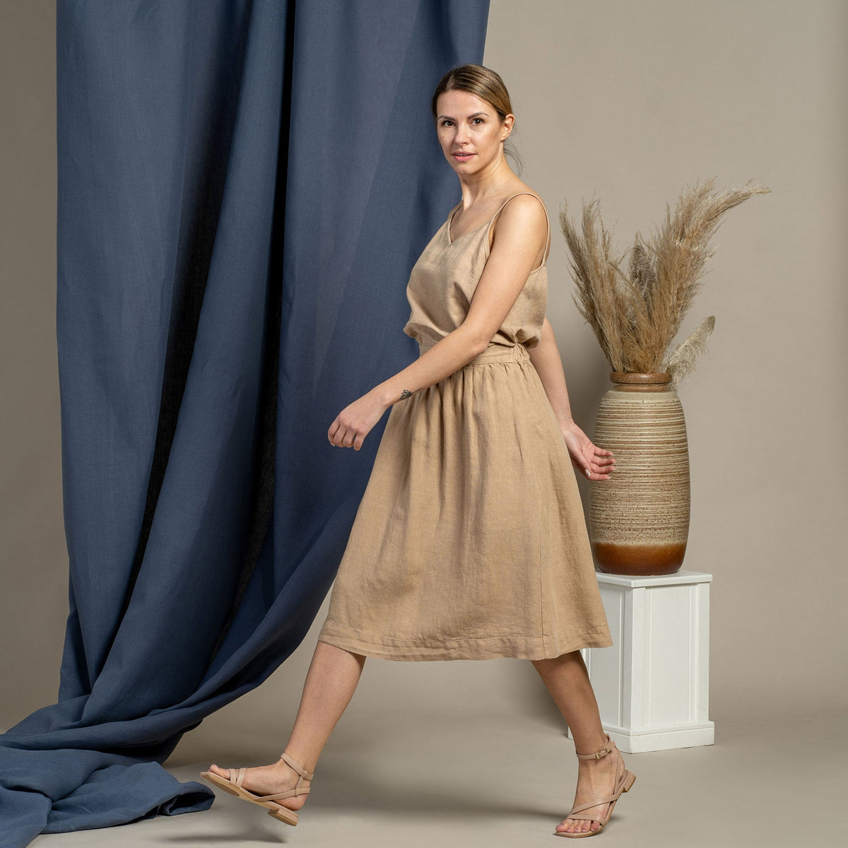 MENIQUE Bohemian 100% Linen Womens Slip Top & Midi Skirt Set