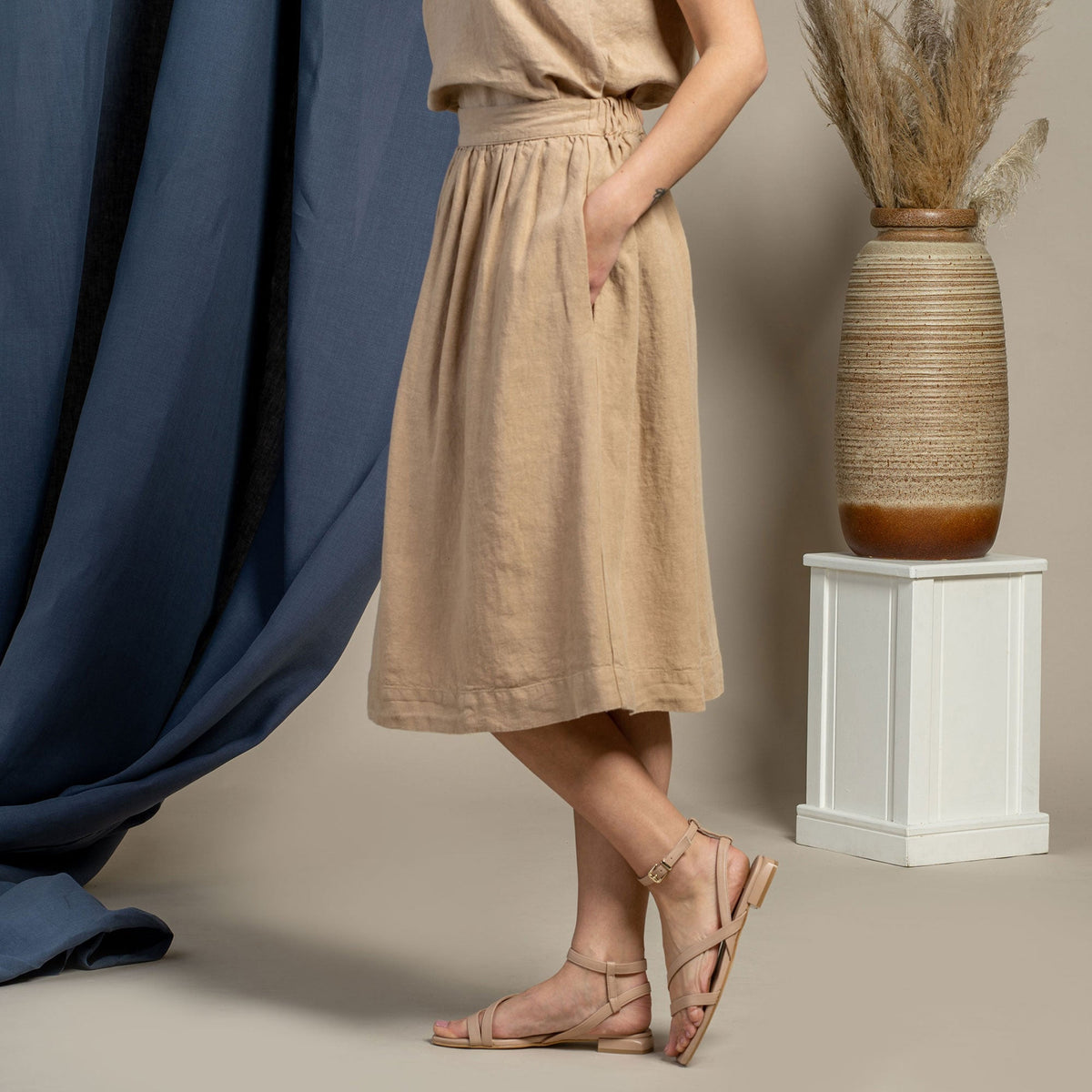 MENIQUE Bohemian 100% Linen Womens Slip Top & Midi Skirt Set