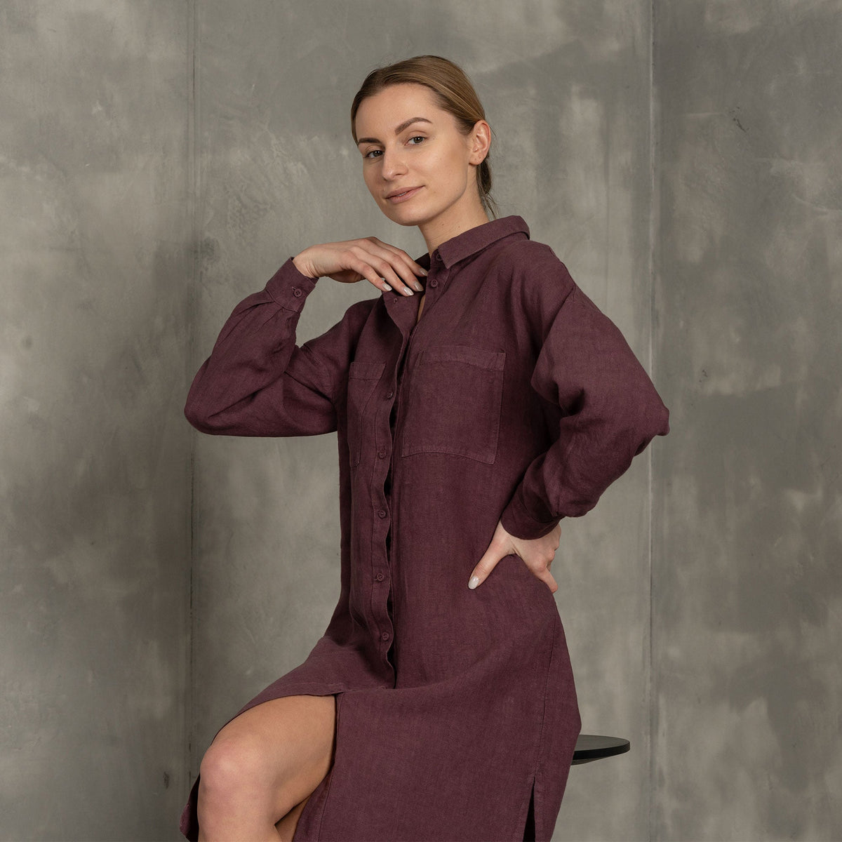 MENIQUE 100% Linen Oversize Shirt Dress Margo Shadow Purple