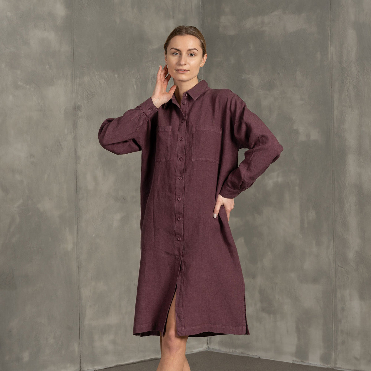 MENIQUE 100% Linen Oversize Shirt Dress Margo Shadow Purple