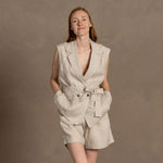 MENIQUE 2Pcs 100% Linen Womens Blazer Trench Vest & Shorts