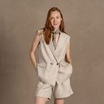 MENIQUE 2Pcs 100% Linen Womens Blazer Trench Vest & Shorts