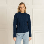 MENIQUE 100% Merino Wool Womens Knit Cable Sweater Prague Dark Blue